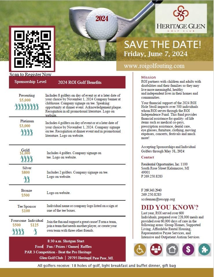 A flyer with information about registering for Residential Opportunities Inc's 2024 Golf Outing.